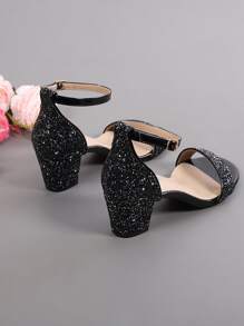 Women Sequin Decor Chunky Heeled Ankle Strap Sandals, Glamorous Banquet Heeled Sandals - Black - View 4