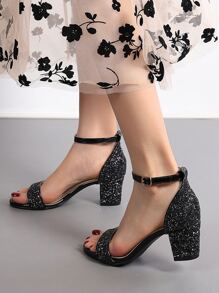 Women Sequin Decor Chunky Heeled Ankle Strap Sandals, Glamorous Banquet Heeled Sandals - Black - View 6