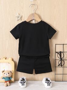 男嬰卡通圖案T恤和字母圖案短褲 - 黑色 - 查看 2