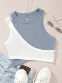 SHEIN Unity Two Tone Cut Out Crop Tank Top - Dusty Blue - View 1