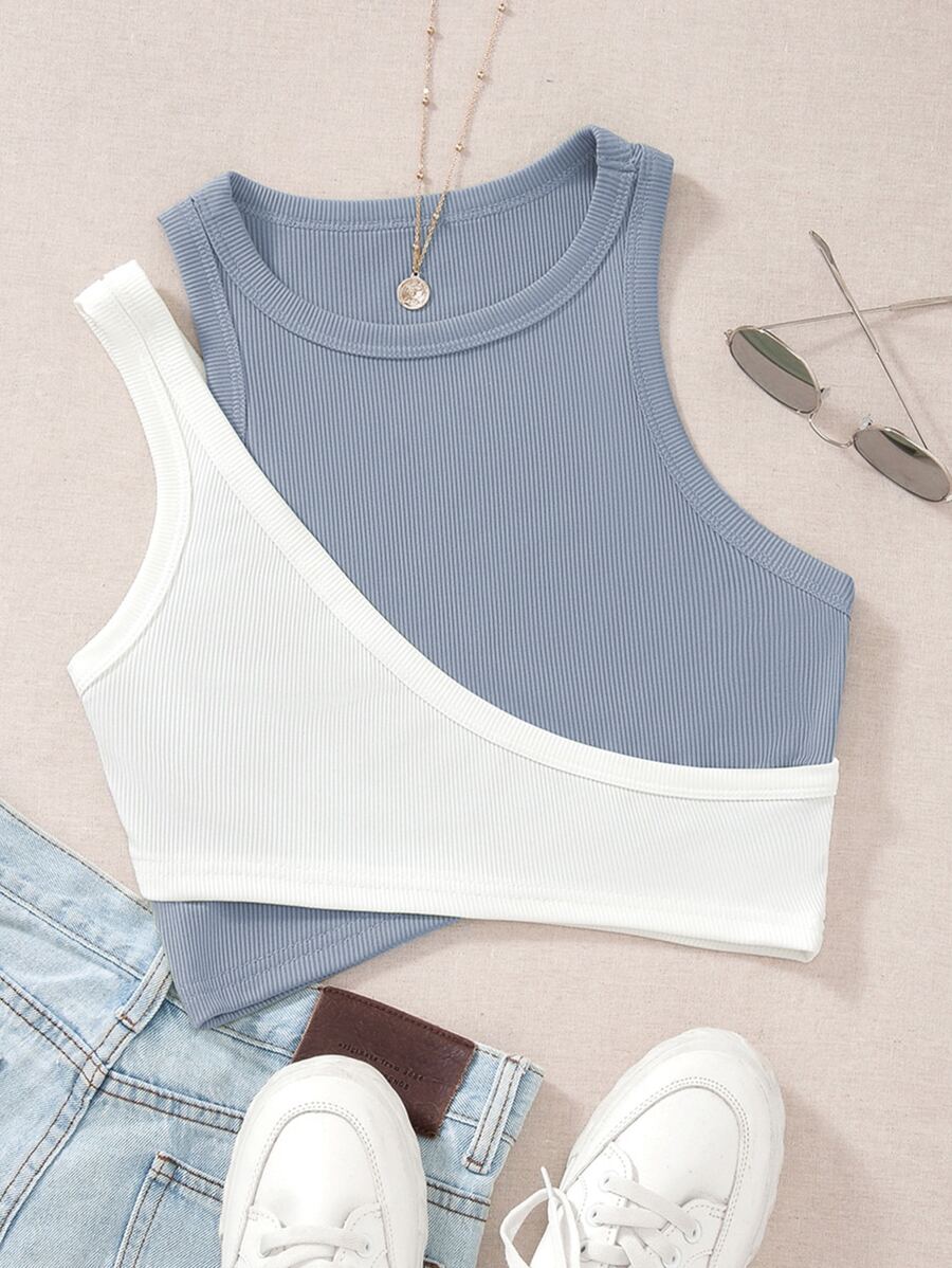 SHEIN Unity Two Tone Cut Out Crop Tank Top - Dusty Blue - View 1