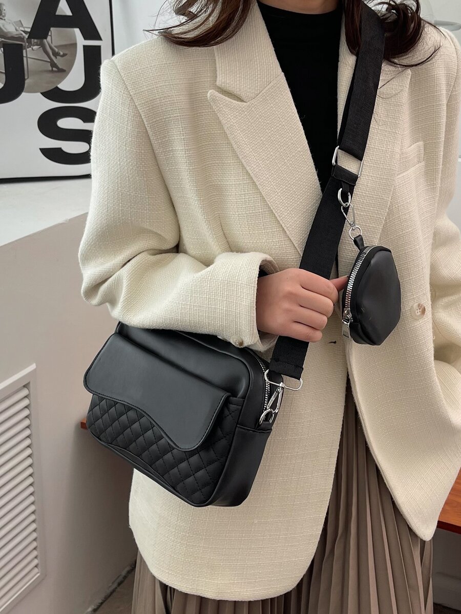 Quilted Detail Square Bag With Coin Purse - Black - View 1