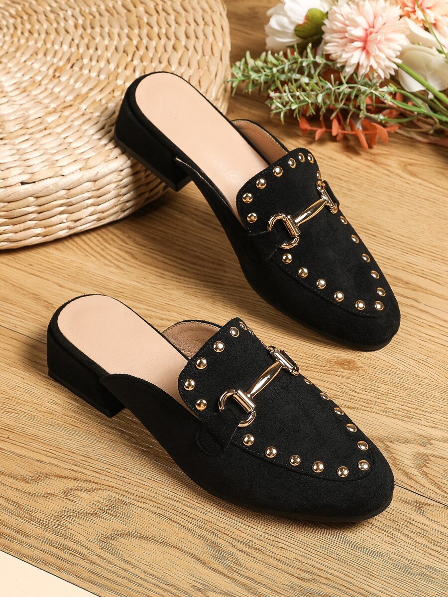 Studded & Snaffle Decor Faux Suede Flat Mules - Black - View 1