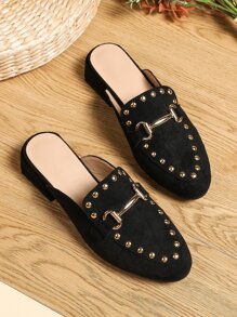 Studded & Snaffle Decor Faux Suede Flat Mules - Black - View 6