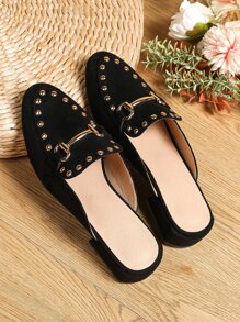 Studded & Snaffle Decor Faux Suede Flat Mules - Black - View 2