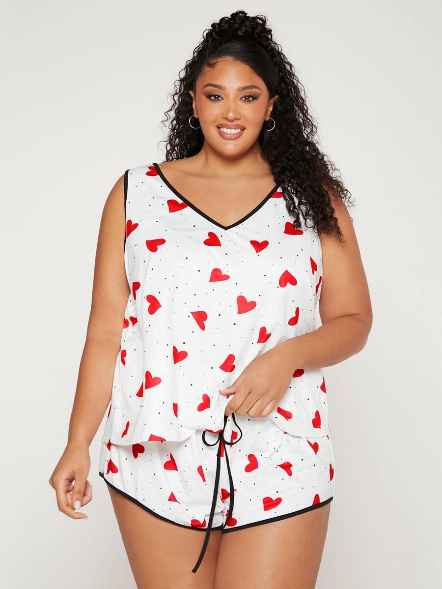 SHEIN CURVE+ Plus Heart Print Contrast Binding Knot Front PJ Set - Multicolor - View 1