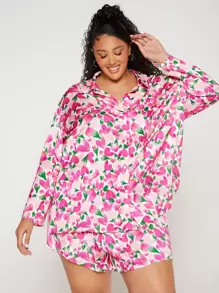 SHEIN CURVE+ Plus Allover Floral Print Satin PJ Set - Multicolor - View 1