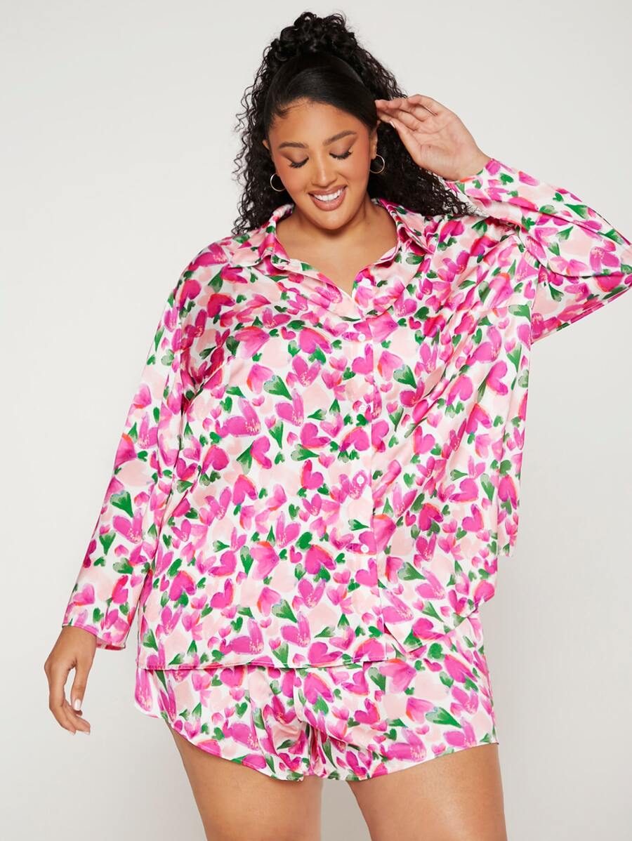 SHEIN CURVE+ Plus Allover Floral Print Satin PJ Set - Multicolor - View 1