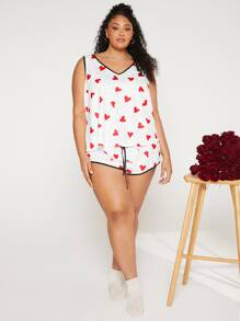 SHEIN CURVE+ Plus Heart Print Contrast Binding Knot Front PJ Set - Multicolor - View 3
