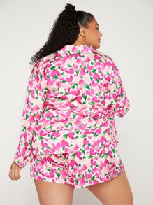 SHEIN CURVE+ Plus Allover Floral Print Satin PJ Set - Multicolor - View 2