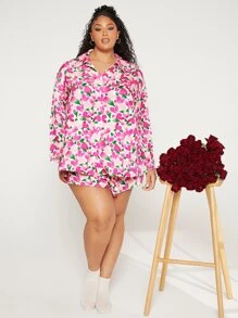 SHEIN CURVE+ Plus Allover Floral Print Satin PJ Set - Multicolor - View 3