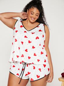 SHEIN CURVE+ Plus Heart Print Contrast Binding Knot Front PJ Set - Multicolor - View 5