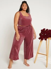SHEIN CURVE+ Plus Solid Tank Top & Trousers PJ Set - Redwood - View 1