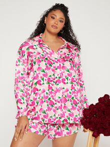 SHEIN CURVE+ Plus Allover Floral Print Satin PJ Set - Multicolor - View 6