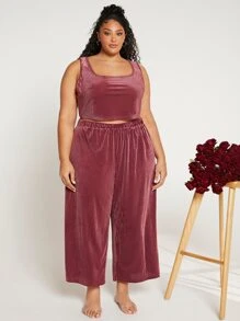 SHEIN CURVE+ Plus Solid Tank Top & Trousers PJ Set - Redwood - View 3