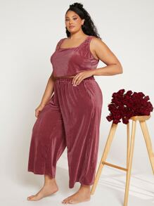 SHEIN CURVE+ Plus Solid Tank Top & Trousers PJ Set - Redwood - View 4