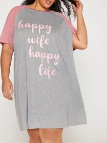 SHEIN CURVE+ 大碼標語圖案插肩袖睡裙