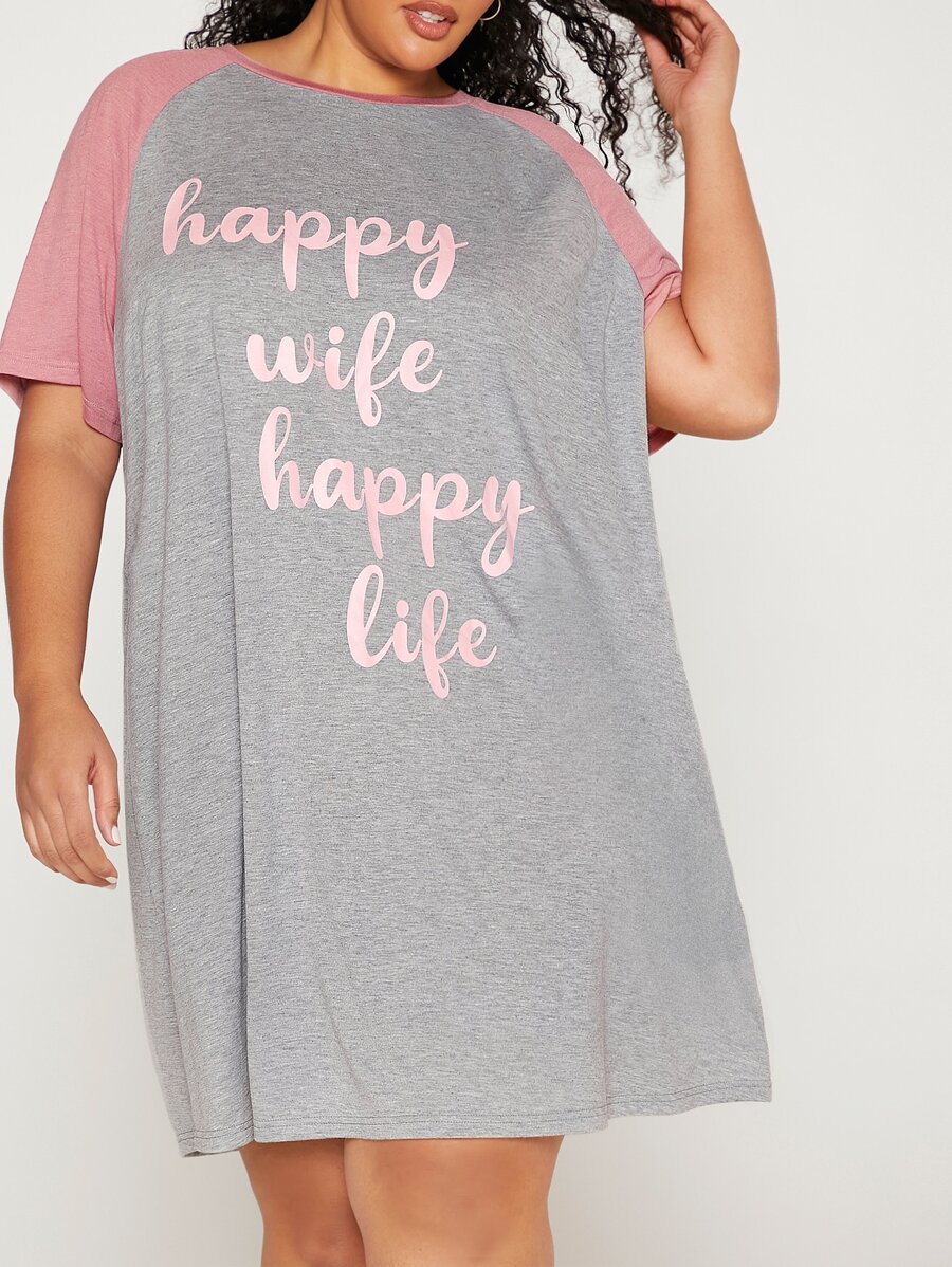 SHEIN CURVE+ 大碼標語圖案插肩袖睡裙