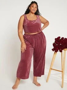 SHEIN CURVE+ Plus Solid Tank Top & Trousers PJ Set - Redwood - View 6