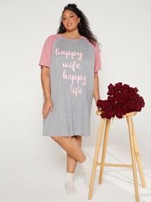 SHEIN CURVE+ 大碼標語圖案插肩袖睡裙