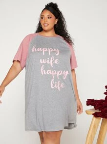 SHEIN CURVE+ 大碼標語圖案插肩袖睡裙