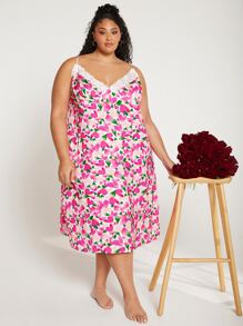 SHEIN CURVE+ 大碼滿版印花蕾絲拼接吊帶睡裙 - 彩色 - 查看 4