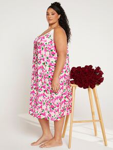 SHEIN CURVE+ 大碼滿版印花蕾絲拼接吊帶睡裙 - 彩色 - 查看 5