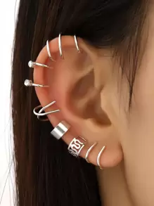 12pcs Rhinestone Decor Ring Ear Cuff - Silver - View 1