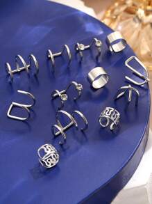12pcs Rhinestone Decor Ring Ear Cuff - Silver - View 2