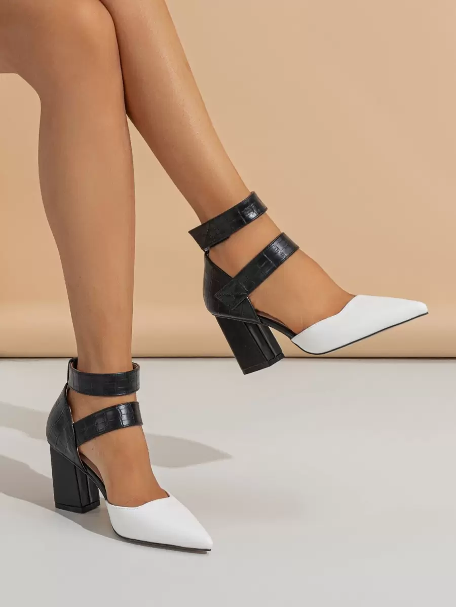 Crocodile Embossed Two Tone Point Toe Chunky Heeled Ankle Strap Pumps - Black and White - View 1