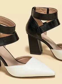 Crocodile Embossed Two Tone Point Toe Chunky Heeled Ankle Strap Pumps - Black and White - View 5