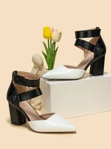 Crocodile Embossed Two Tone Point Toe Chunky Heeled Ankle Strap Pumps - Black and White - View 6