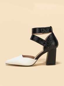 Crocodile Embossed Two Tone Point Toe Chunky Heeled Ankle Strap Pumps - Black and White - View 7