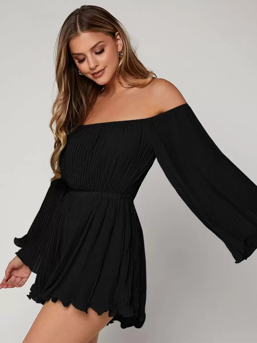 SHEIN VCAY Off Shoulder Pleated Trumpet Sleeve Lettuce Trim Chiffon Romper - Black - View 1