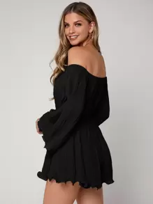 SHEIN VCAY Off Shoulder Pleated Trumpet Sleeve Lettuce Trim Chiffon Romper - Black - View 2