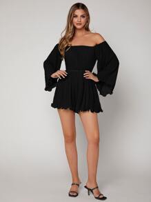SHEIN VCAY Off Shoulder Pleated Trumpet Sleeve Lettuce Trim Chiffon Romper - Black - View 4