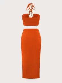 SHEIN ICON Tie Back Halter Top & Twist Front Skirt - Burnt Orange - View 2