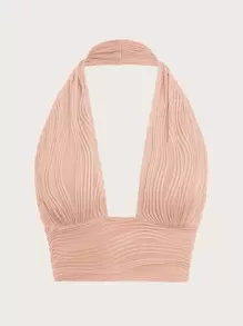 SHEIN ICON Solid Backless Crop Halter Top - Coral Pink - View 1