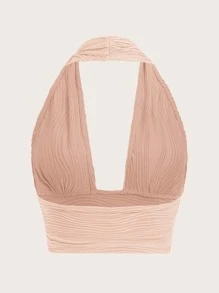 SHEIN ICON Solid Backless Crop Halter Top - Coral Pink - View 2