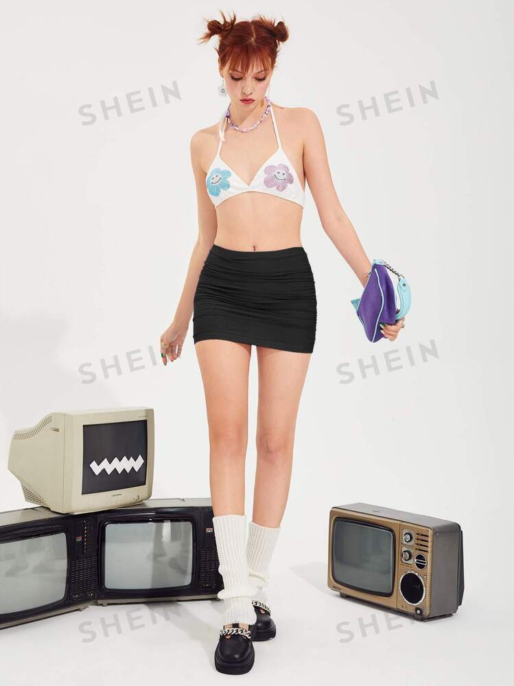 SHEIN ICON Ruched Mesh Bodycon Black Mini Skirt SHEIN