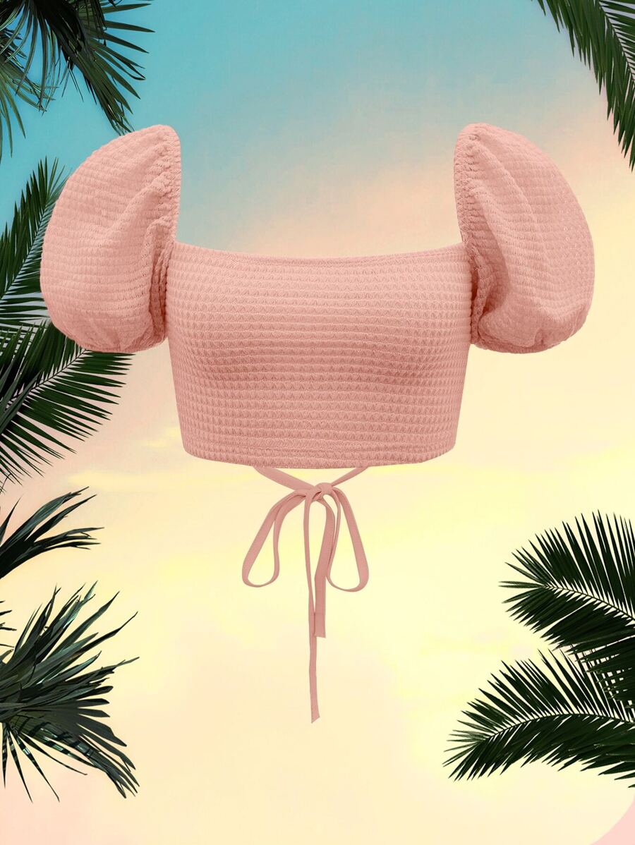 SHEIN MOD Puff Sleeve Lace Up Backless Textured Crop Top - Coral Pink - View 1