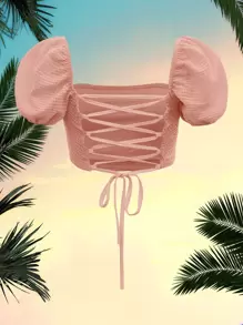 SHEIN MOD Puff Sleeve Lace Up Backless Textured Crop Top - Coral Pink - View 2