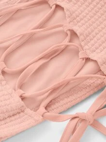 SHEIN MOD Puff Sleeve Lace Up Backless Textured Crop Top - Coral Pink - View 3