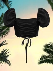 SHEIN MOD Puff Sleeve Lace Up Backless Textured Crop Top - Black - View 2