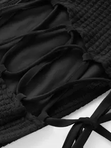 SHEIN MOD Puff Sleeve Lace Up Backless Textured Crop Top - Black - View 3