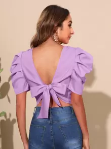 SHEIN VCAY Puff Sleeve Tie Back Blouse - Lilac Purple - View 1
