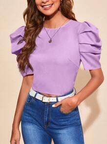 SHEIN VCAY Puff Sleeve Tie Back Blouse - Lilac Purple - View 2
