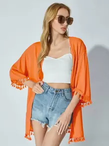 Soleia Open Front Drop Shoulder Tassel Hem Kimono - Orange - View 1