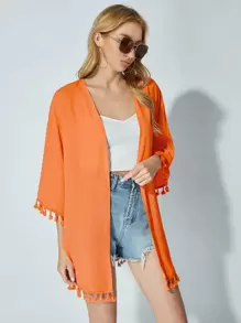 Soleia Open Front Drop Shoulder Tassel Hem Kimono - Orange - View 4