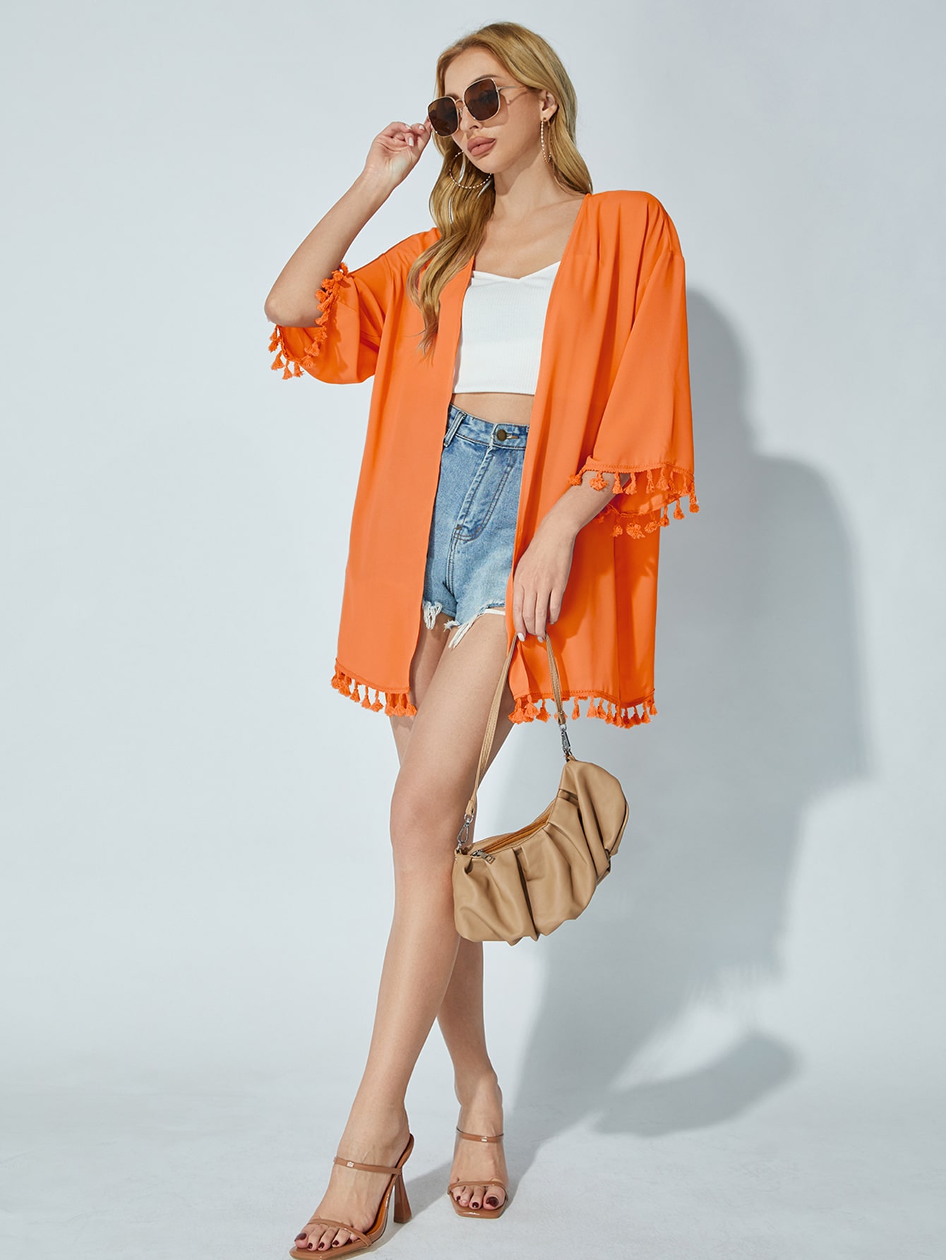SHEIN WYWH Open Front Drop Shoulder Tassel Hem Kimono SHEIN USA